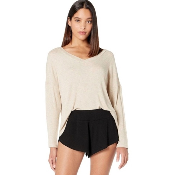 Eberjey Elon Rib Knit V Neck Pullover Oatmeal Size Small 3/4 sleeve - Picture 1 of 5